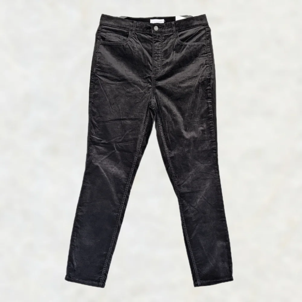LOFT Black Velvet High Waist Skinny Pants Holiday Party Evening Slim Fit sz 12